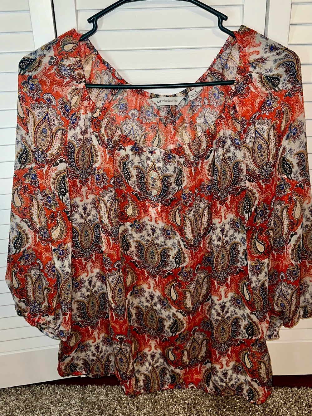 Liz Claiborne Orange Paisley Peasant Top